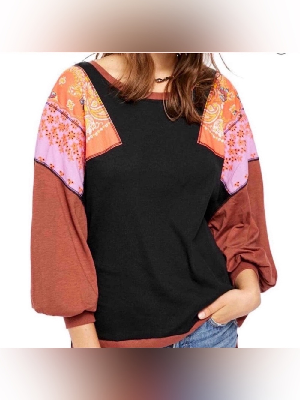 FREE PEOPLE We The Free Feelin' It Balloon Sleeve tee Patch Top Size Small